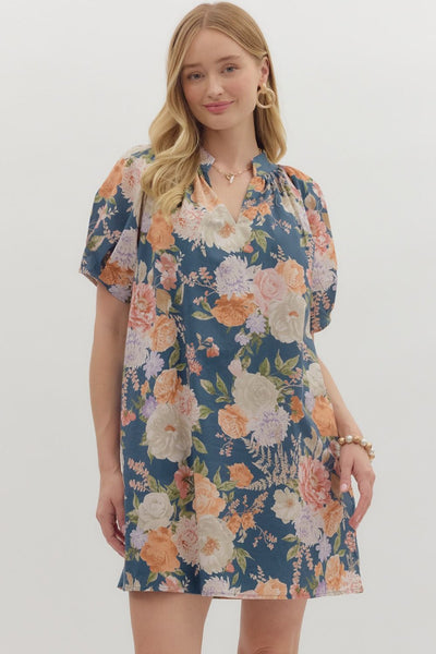 Floral V-Neck Band Collar Mini Dress