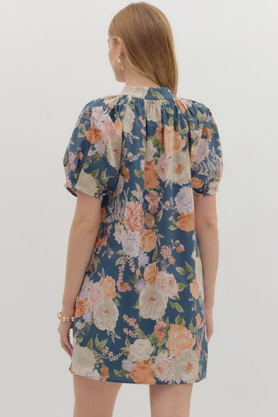 Floral V-Neck Band Collar Mini Dress