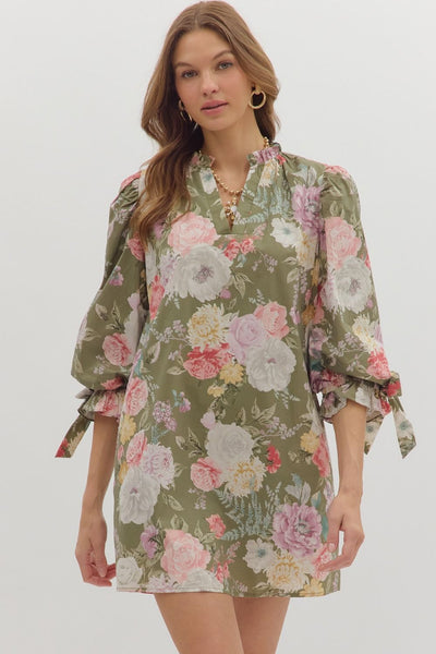 Floral ¾ Bubble Sleeve Mini Dress