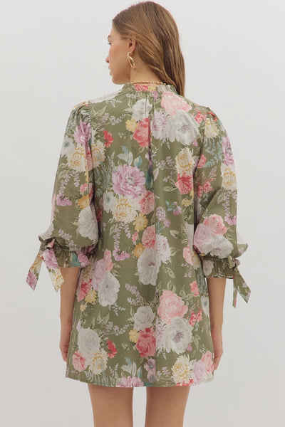 Floral ¾ Bubble Sleeve Mini Dress