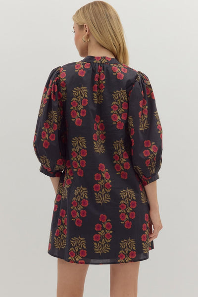Floral V-Neck Band Collar Mini Dress