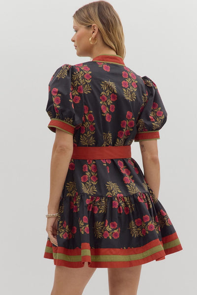 Floral Puff Sleeve Ruffle Hem Mini Dress