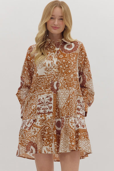Botanical Print Long Sleeve Mini Dress