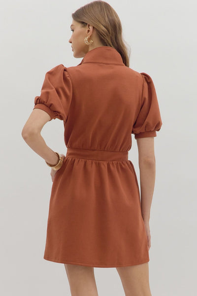 Puff Sleeve Zip-Front High Neck Mini Dress