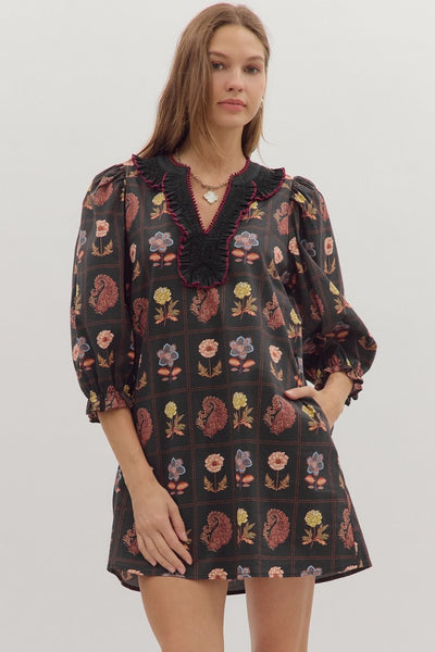 Floral Print Puff 3/4 Sleeve Mini Dress