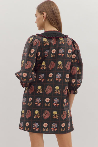 Floral Print Puff 3/4 Sleeve Mini Dress