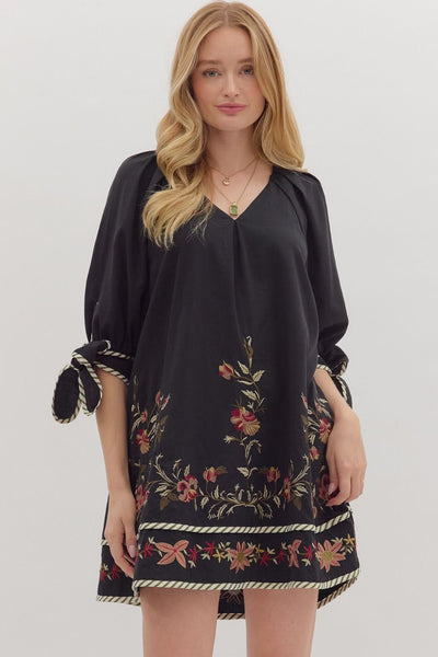 Floral Embroidery Raglan Sleeve Mini Dress