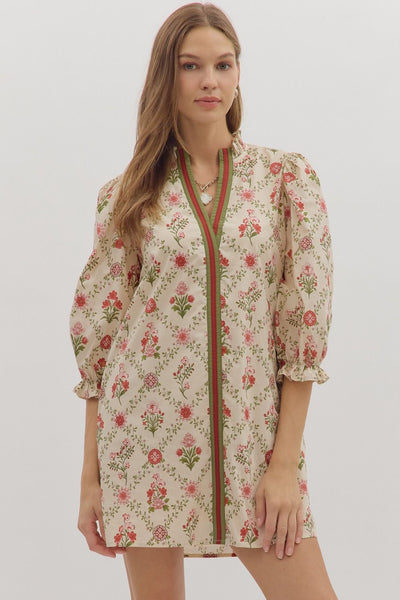 Floral Print Puff 3/4 Sleeve Mini Dress