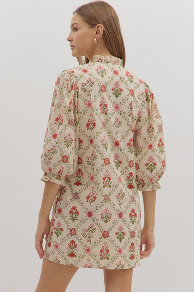 Floral Print Puff 3/4 Sleeve Mini Dress