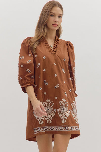 Floral Embroidered Puff 3/4 Sleeve Mini Dress