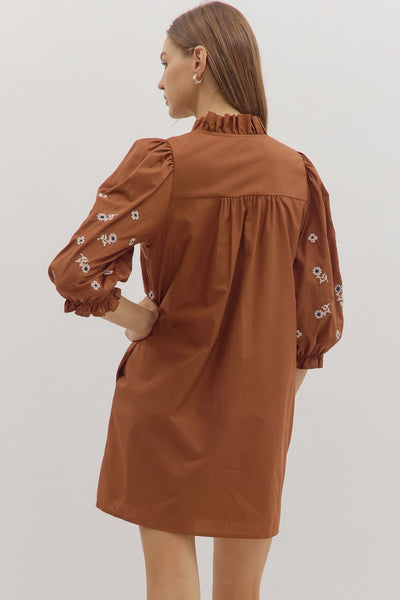 Floral Embroidered Puff 3/4 Sleeve Mini Dress