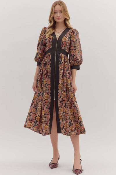 Paisley Print Puff Sleeve Midi Dress