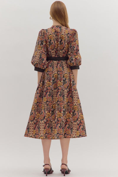 Paisley Print Puff Sleeve Midi Dress