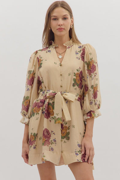 Floral Puff 3/4 Sleeve Mini Dress