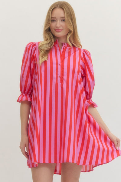 Striped 3/4 Puff Sleeve Mini Dress