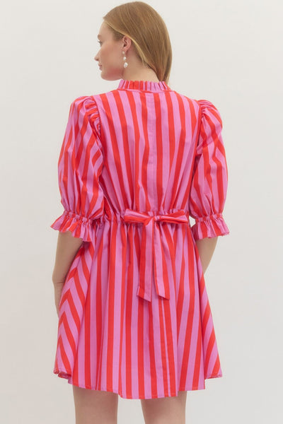 Striped 3/4 Puff Sleeve Mini Dress