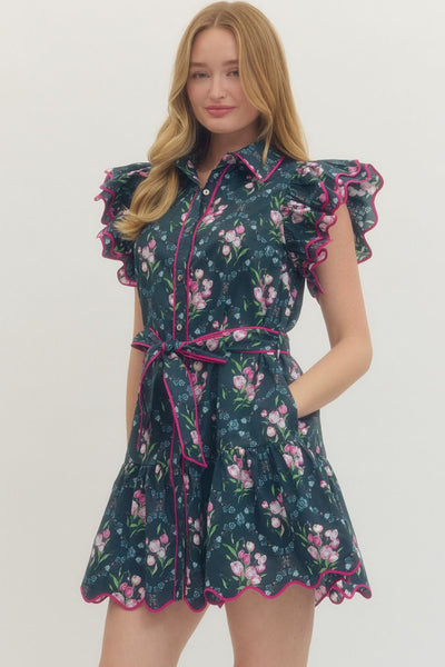 Floral Print Flutter Sleeve Mini Dress