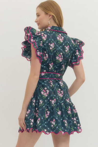 Floral Print Flutter Sleeve Mini Dress
