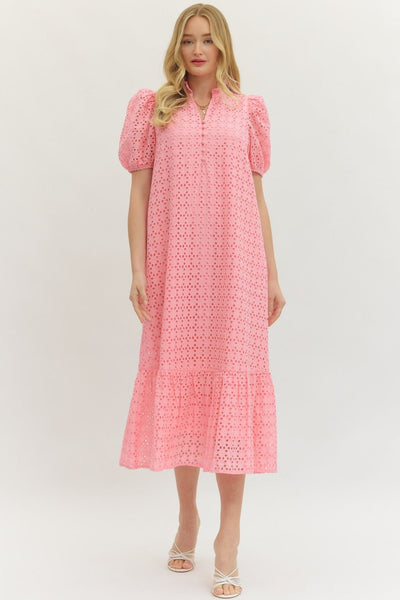 Eyelet Short Puff Sleeve Midi Dress