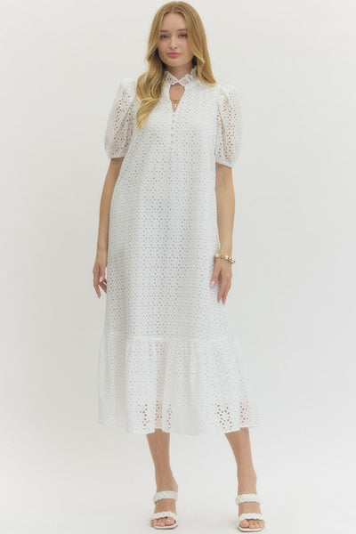 Eyelet Short Puff Sleeve Midi Dress
