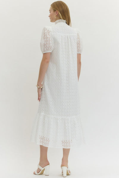 Eyelet Short Puff Sleeve Midi Dress