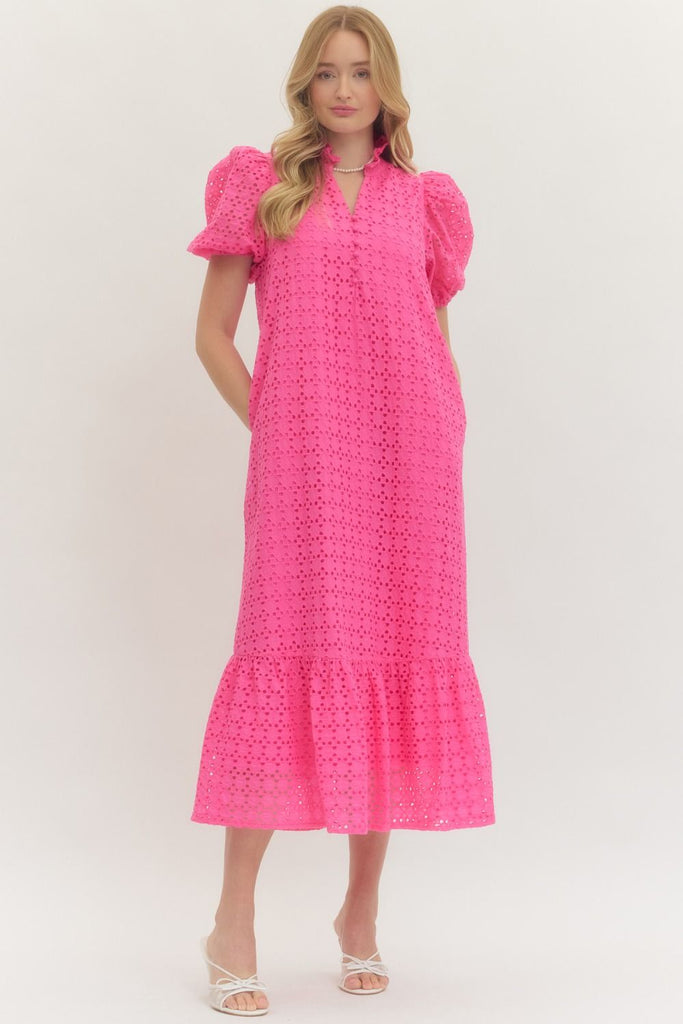 Eyelet Short Puff Sleeve Midi Dress