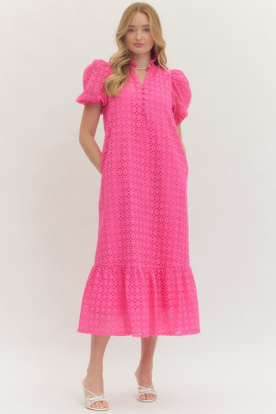 Eyelet Short Puff Sleeve Midi Dress