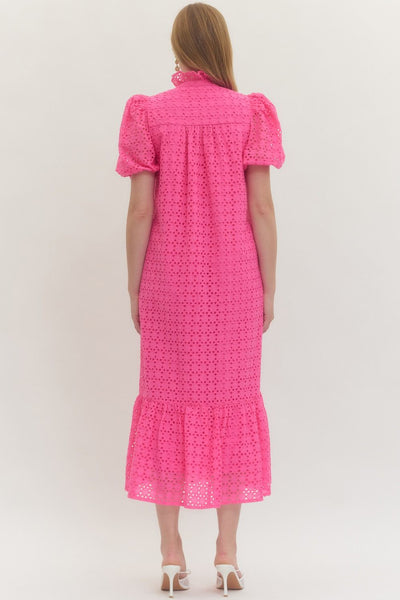 Eyelet Short Puff Sleeve Midi Dress