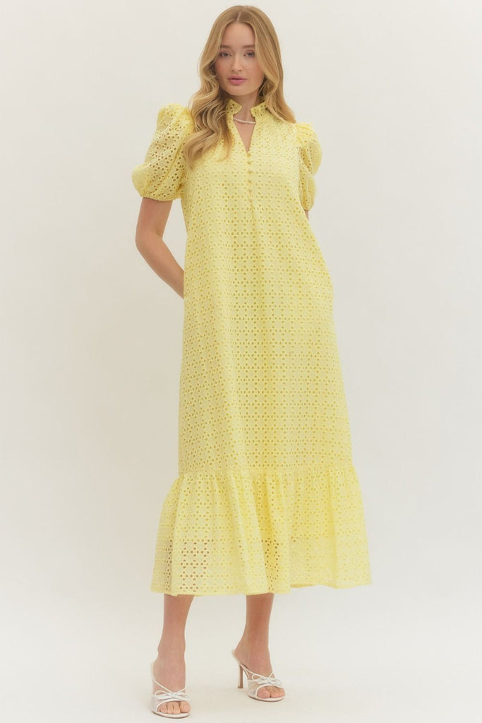 Eyelet Short Puff Sleeve Midi Dress