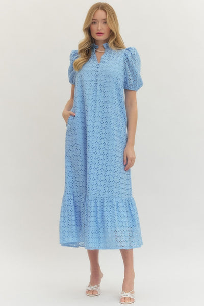 Eyelet Short Puff Sleeve Midi Dress