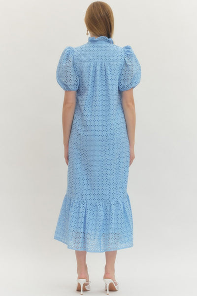 Eyelet Short Puff Sleeve Midi Dress