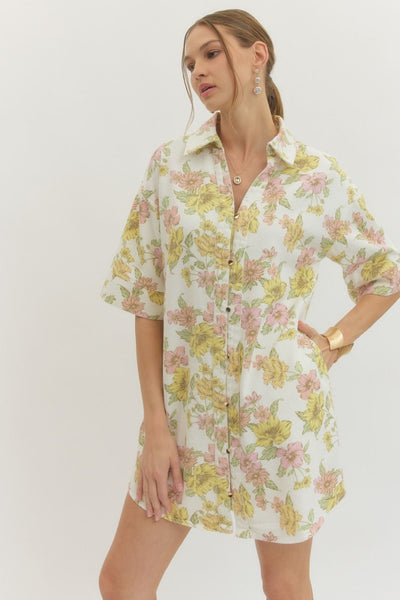 Floral Half Sleeve Mini Shirt Dress