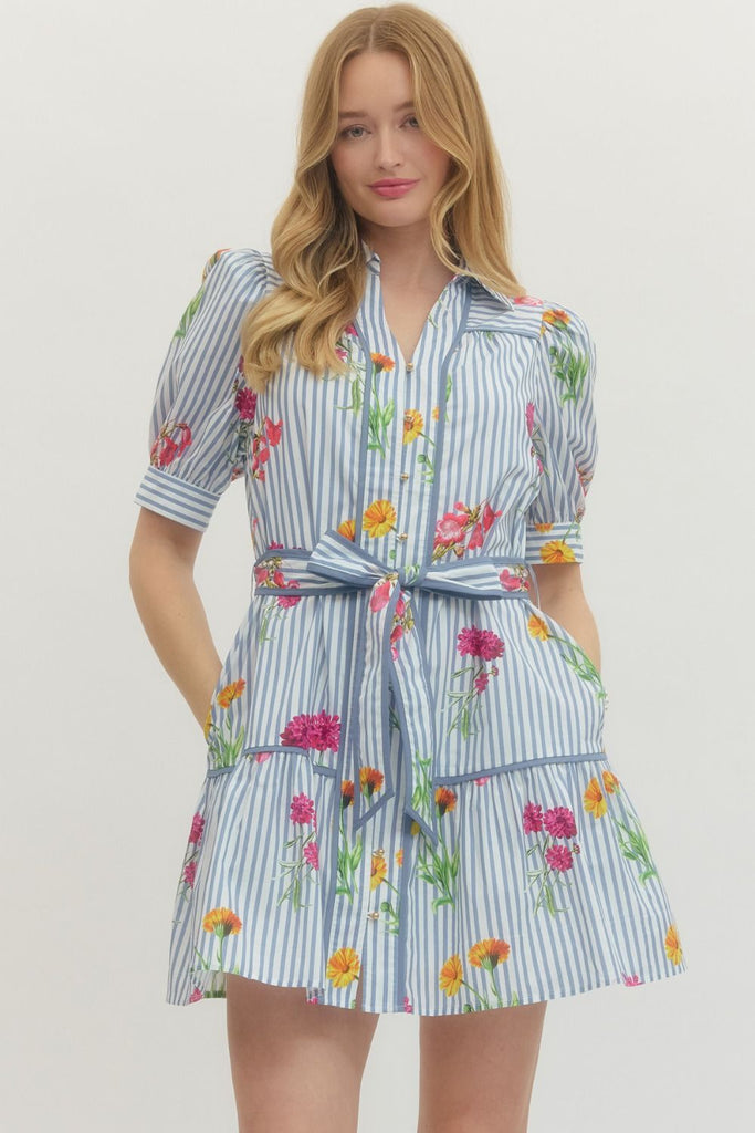 Floral Stripe Short Puff Sleeve Mini Dress