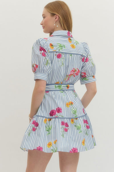 Floral Stripe Short Puff Sleeve Mini Dress