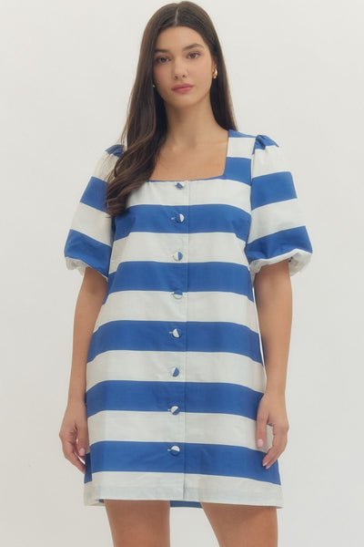 Stripe Short Puff Sleeve Mini Dress