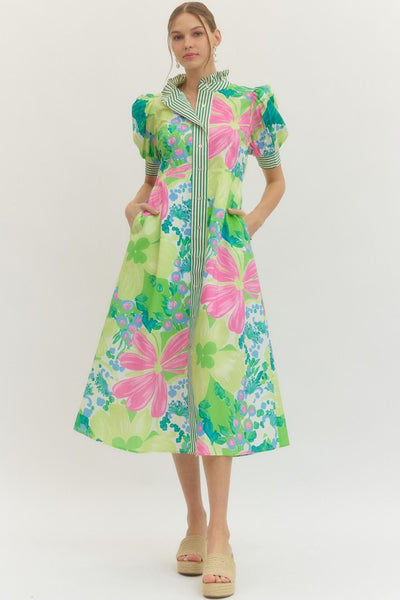 Floral Print Puff Sleeve Midi Dress