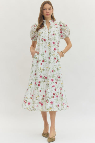 Floral Short Puff Sleeve Midi Dress