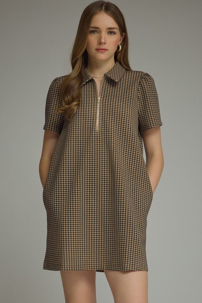 Gingham Short Puff Sleeve Mini Dress