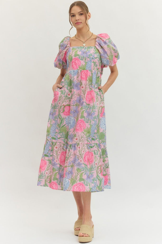 Floral Short Puff Sleeve Midi Dress