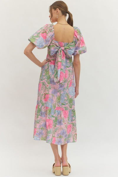 Floral Short Puff Sleeve Midi Dress