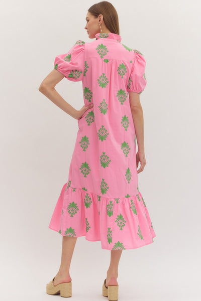 Botanical Embroidery Puff Sleeve Midi Dress