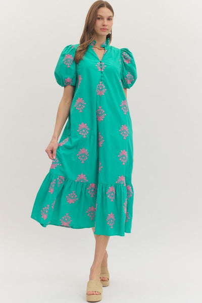 Botanical Embroidery Puff Sleeve Midi Dress