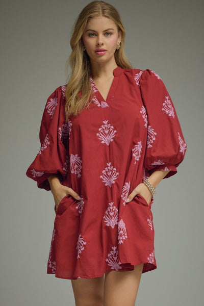 Embroidered 3/4 Puff Sleeve Mini Dress