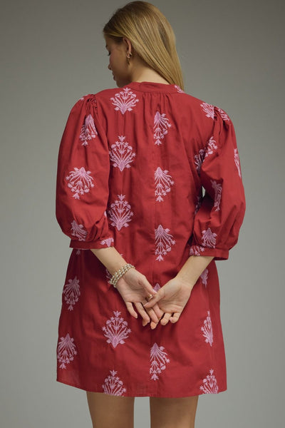 Embroidered 3/4 Puff Sleeve Mini Dress