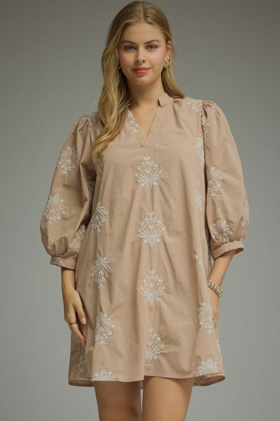 Embroidered 3/4 Puff Sleeve Mini Dress