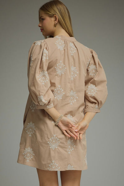 Embroidered 3/4 Puff Sleeve Mini Dress