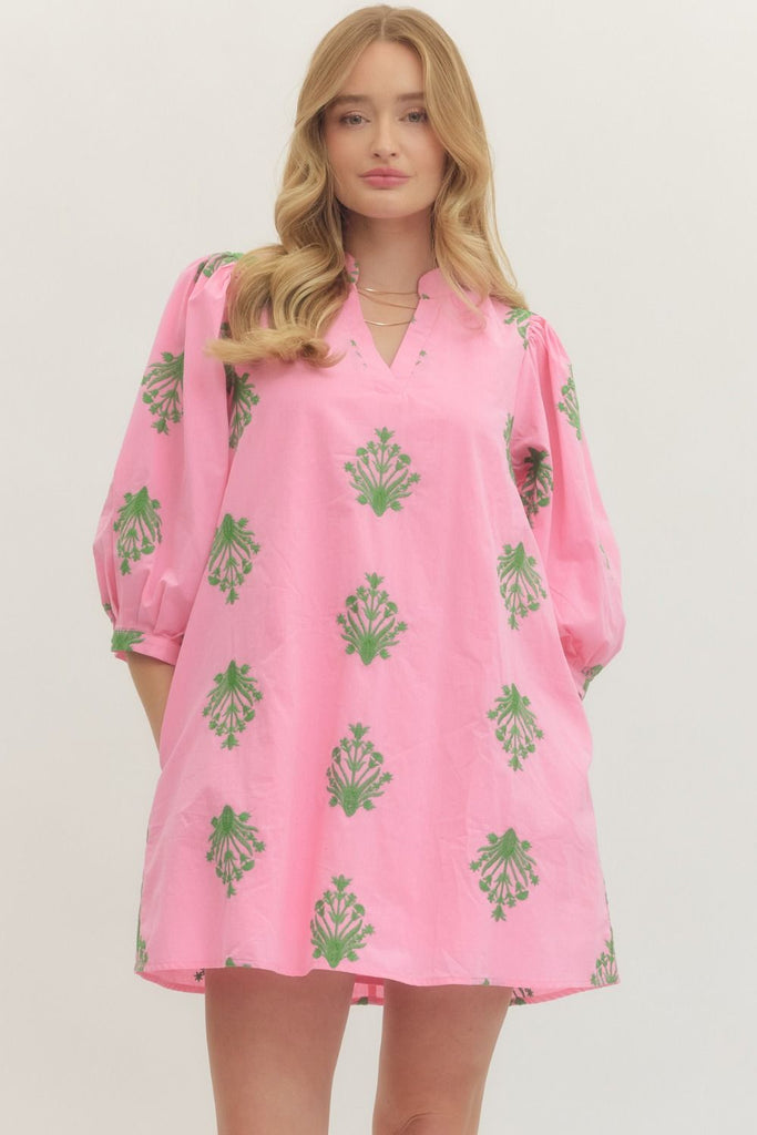 Embroidered 3/4 Puff Sleeve Mini Dress