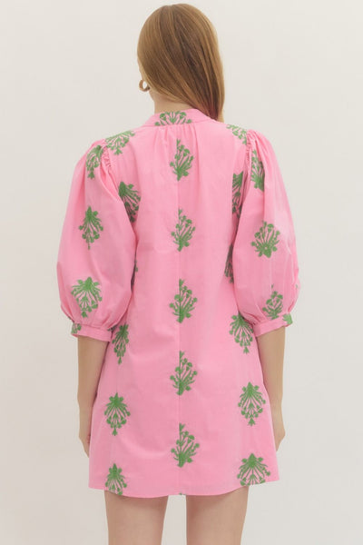 Embroidered 3/4 Puff Sleeve Mini Dress