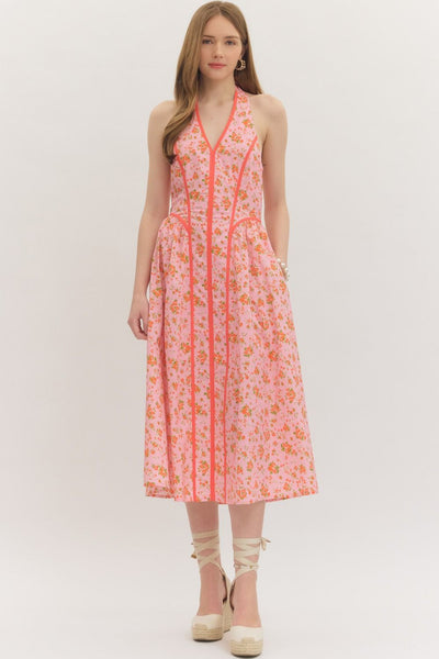 Floral Print Halter Neck Midi Dress