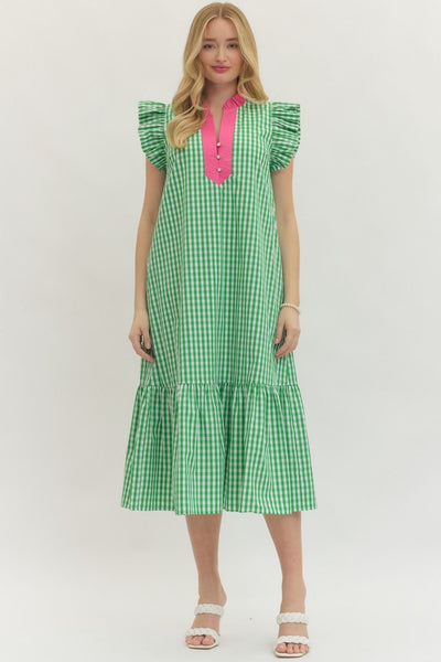 Gingham Flutter Sleeve Midi Dress